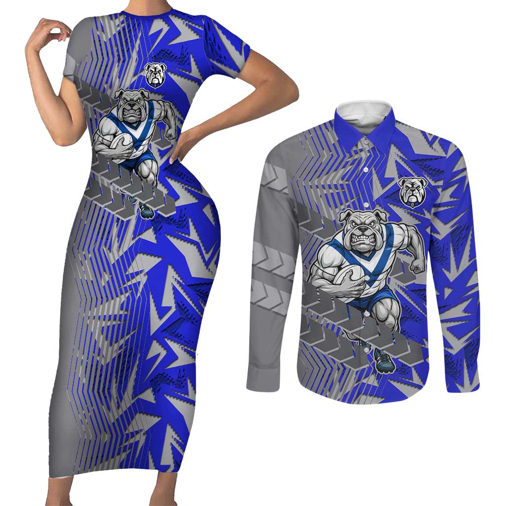 Canterbury Bankstown Bulldogs Rugby Couples Matching Short Sleeve Bodycon Dress and Long Sleeve Button Shirt Fierce Mascot Geometric Tribal Art