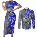 Canterbury Bankstown Bulldogs Rugby Couples Matching Short Sleeve Bodycon Dress and Long Sleeve Button Shirt Fierce Mascot Geometric Tribal Art