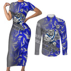 Canterbury Bankstown Bulldogs Rugby Couples Matching Short Sleeve Bodycon Dress and Long Sleeve Button Shirt Fierce Mascot Geometric Tribal Art