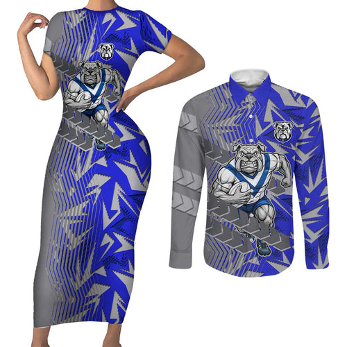 Canterbury Bankstown Bulldogs Rugby Couples Matching Short Sleeve Bodycon Dress and Long Sleeve Button Shirt Fierce Mascot Geometric Tribal Art