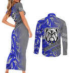 Canterbury Bankstown Bulldogs Rugby Couples Matching Short Sleeve Bodycon Dress and Long Sleeve Button Shirt Fierce Mascot Geometric Tribal Art