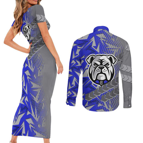 Canterbury Bankstown Bulldogs Rugby Couples Matching Short Sleeve Bodycon Dress and Long Sleeve Button Shirt Fierce Mascot Geometric Tribal Art