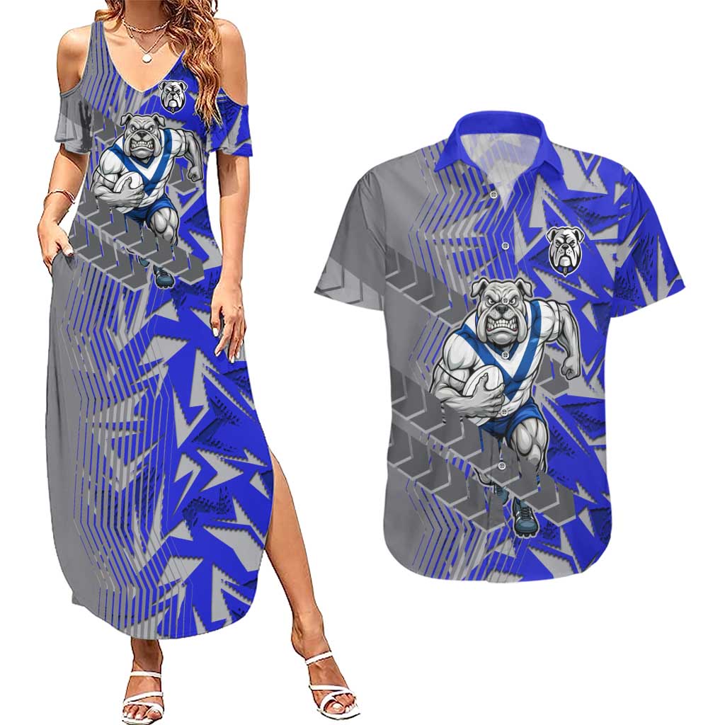 Canterbury Bankstown Bulldogs Rugby Couples Matching Summer Maxi Dress and Hawaiian Shirt Fierce Mascot Geometric Tribal Art
