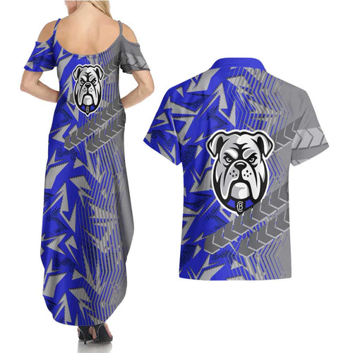 Canterbury Bankstown Bulldogs Rugby Couples Matching Summer Maxi Dress and Hawaiian Shirt Fierce Mascot Geometric Tribal Art