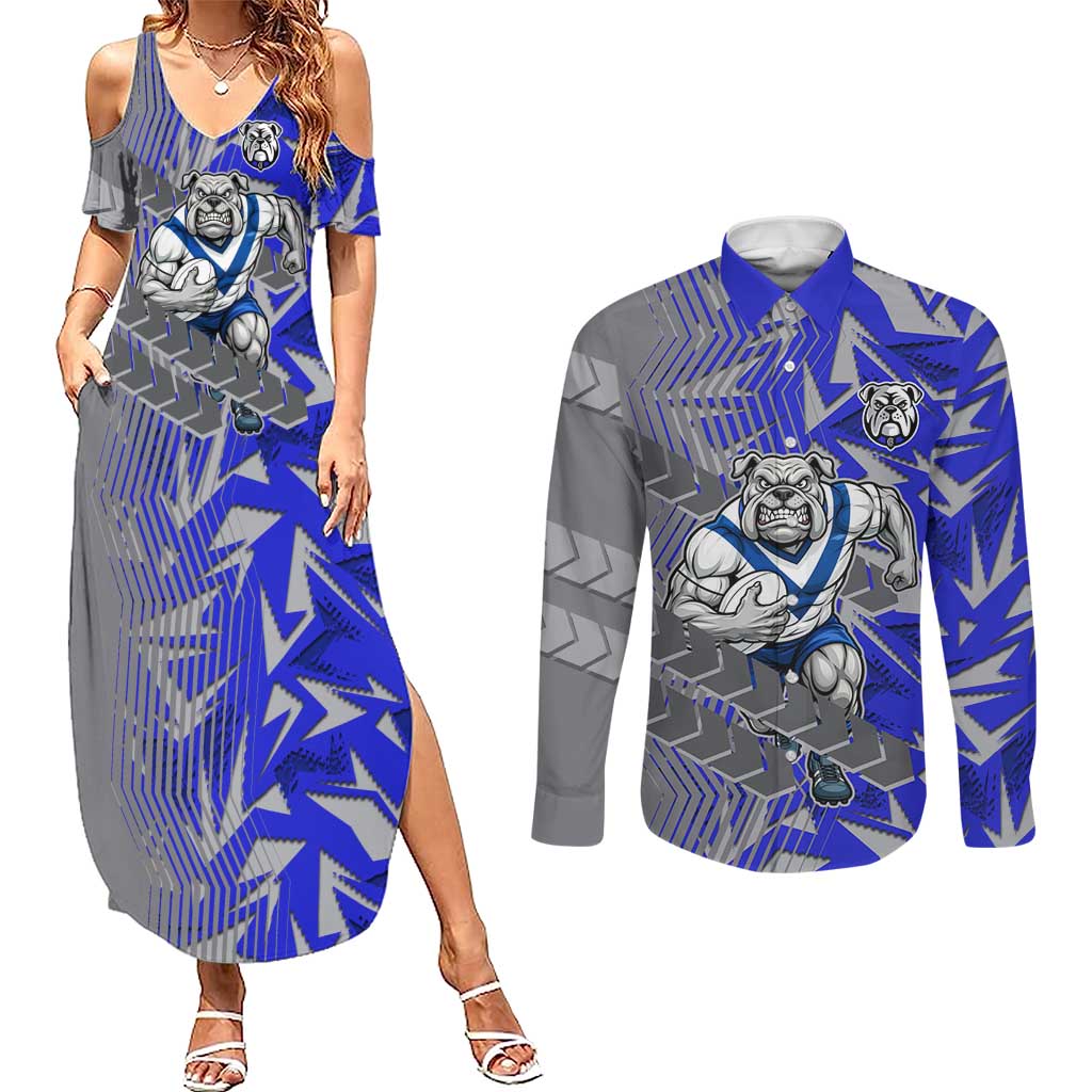Canterbury Bankstown Bulldogs Rugby Couples Matching Summer Maxi Dress and Long Sleeve Button Shirt Fierce Mascot Geometric Tribal Art