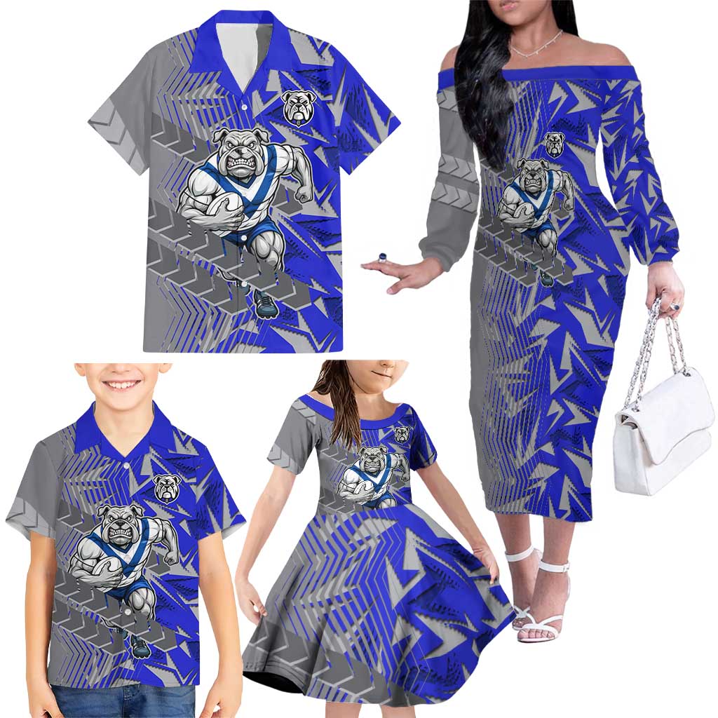 Canterbury Bankstown Bulldogs Rugby Family Matching Off The Shoulder Long Sleeve Dress and Hawaiian Shirt Fierce Mascot Geometric Tribal Art