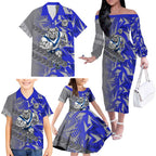 Canterbury Bankstown Bulldogs Rugby Family Matching Off The Shoulder Long Sleeve Dress and Hawaiian Shirt Fierce Mascot Geometric Tribal Art