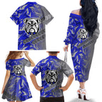 Canterbury Bankstown Bulldogs Rugby Family Matching Off The Shoulder Long Sleeve Dress and Hawaiian Shirt Fierce Mascot Geometric Tribal Art