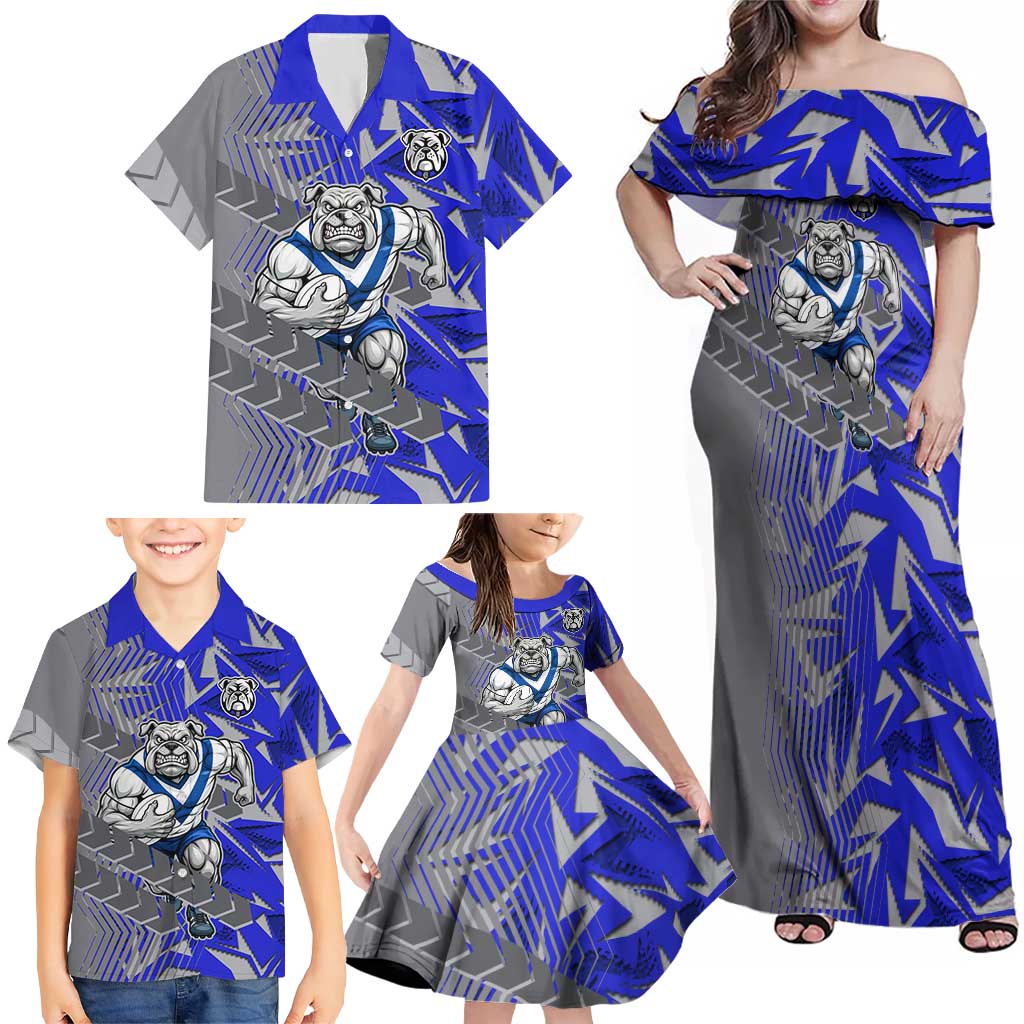 Canterbury Bankstown Bulldogs Rugby Family Matching Off Shoulder Maxi Dress and Hawaiian Shirt Fierce Mascot Geometric Tribal Art