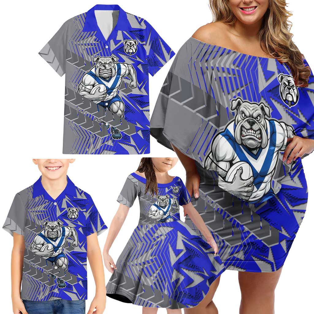 Canterbury Bankstown Bulldogs Rugby Family Matching Off Shoulder Short Dress and Hawaiian Shirt Fierce Mascot Geometric Tribal Art