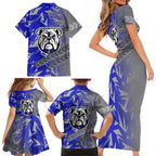 Canterbury Bankstown Bulldogs Rugby Family Matching Short Sleeve Bodycon Dress and Hawaiian Shirt Fierce Mascot Geometric Tribal Art