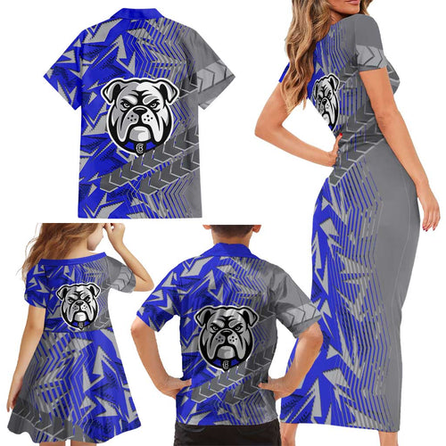 Canterbury Bankstown Bulldogs Rugby Family Matching Short Sleeve Bodycon Dress and Hawaiian Shirt Fierce Mascot Geometric Tribal Art