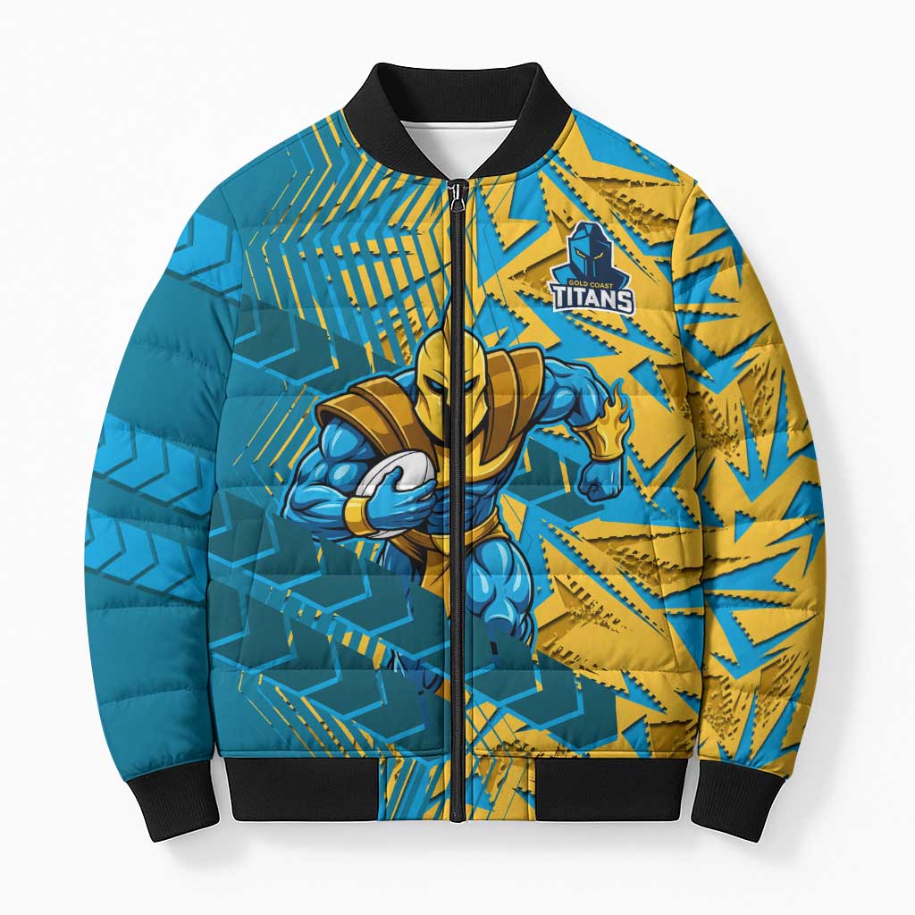 Gold Coast Titans Rugby Bomber Puffer Jacket Fierce Mascot Geometric Tribal Art