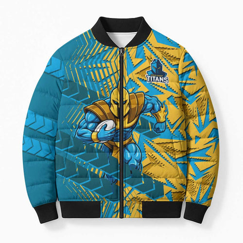 Gold Coast Titans Rugby Bomber Puffer Jacket Fierce Mascot Geometric Tribal Art