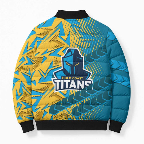Gold Coast Titans Rugby Bomber Puffer Jacket Fierce Mascot Geometric Tribal Art
