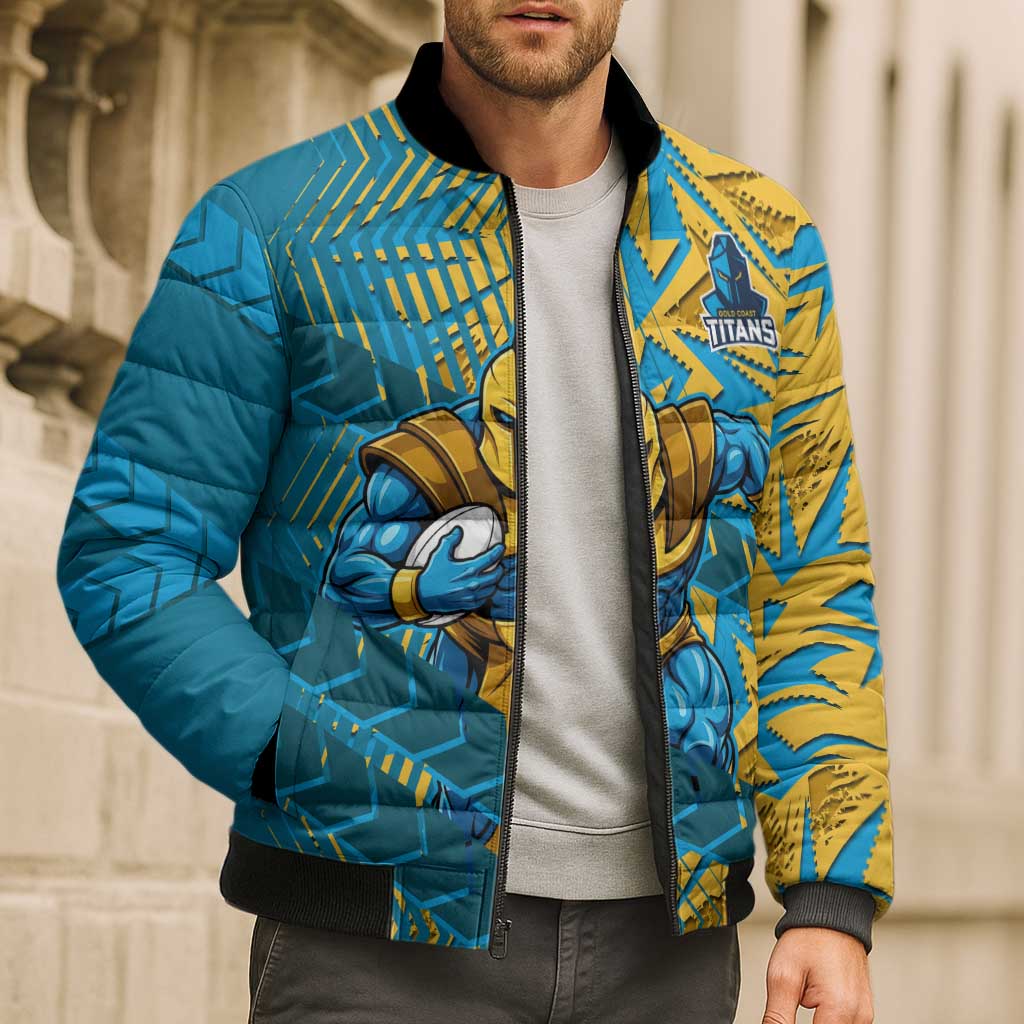 Gold Coast Titans Rugby Bomber Puffer Jacket Fierce Mascot Geometric Tribal Art