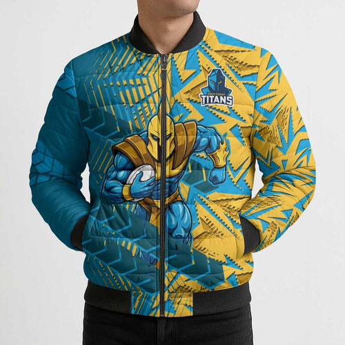 Gold Coast Titans Rugby Bomber Puffer Jacket Fierce Mascot Geometric Tribal Art