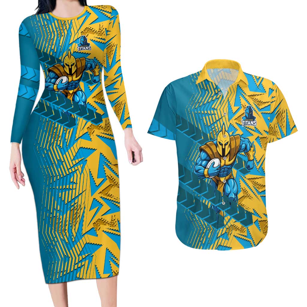 Gold Coast Titans Rugby Couples Matching Long Sleeve Bodycon Dress and Hawaiian Shirt Fierce Mascot Geometric Tribal Art