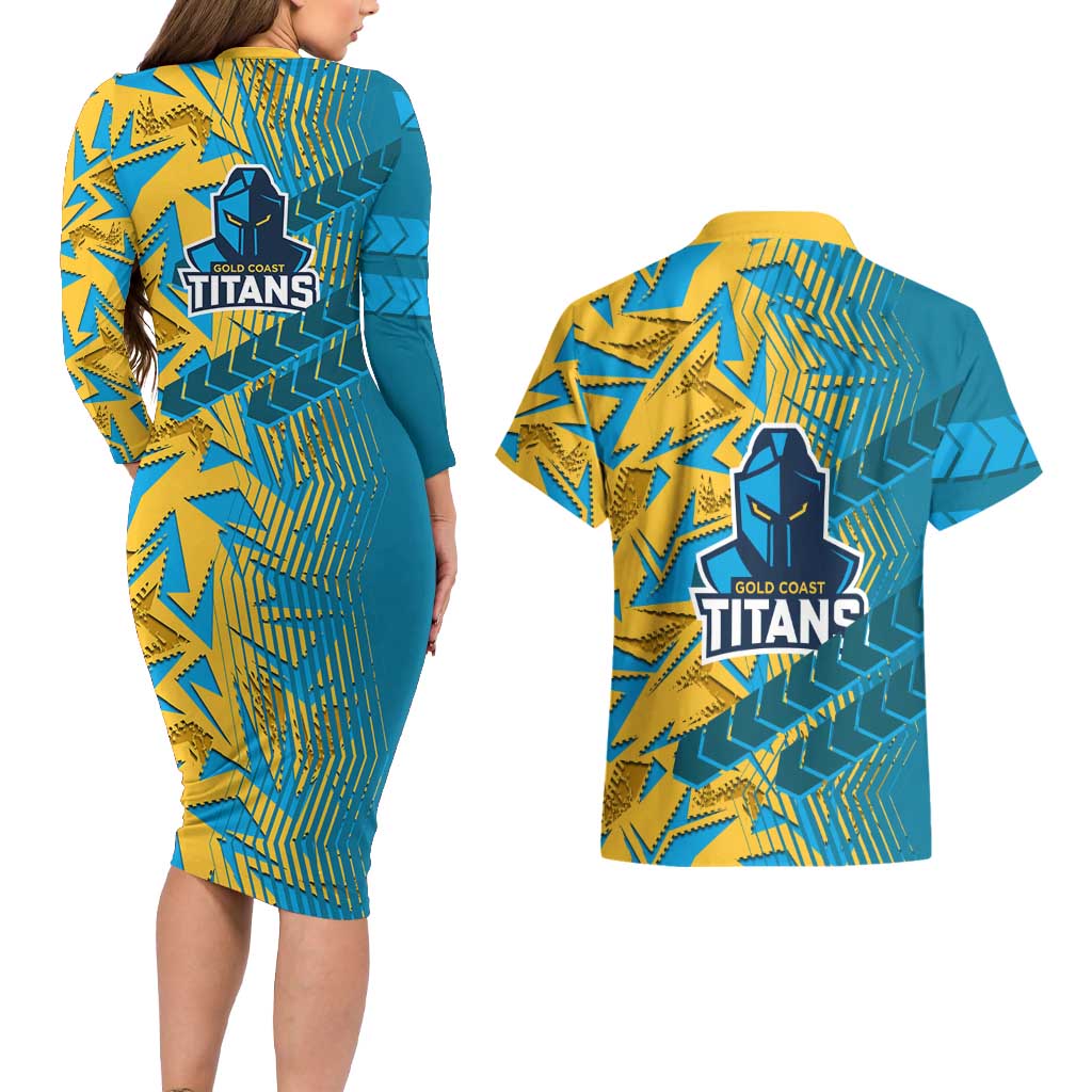 Gold Coast Titans Rugby Couples Matching Long Sleeve Bodycon Dress and Hawaiian Shirt Fierce Mascot Geometric Tribal Art