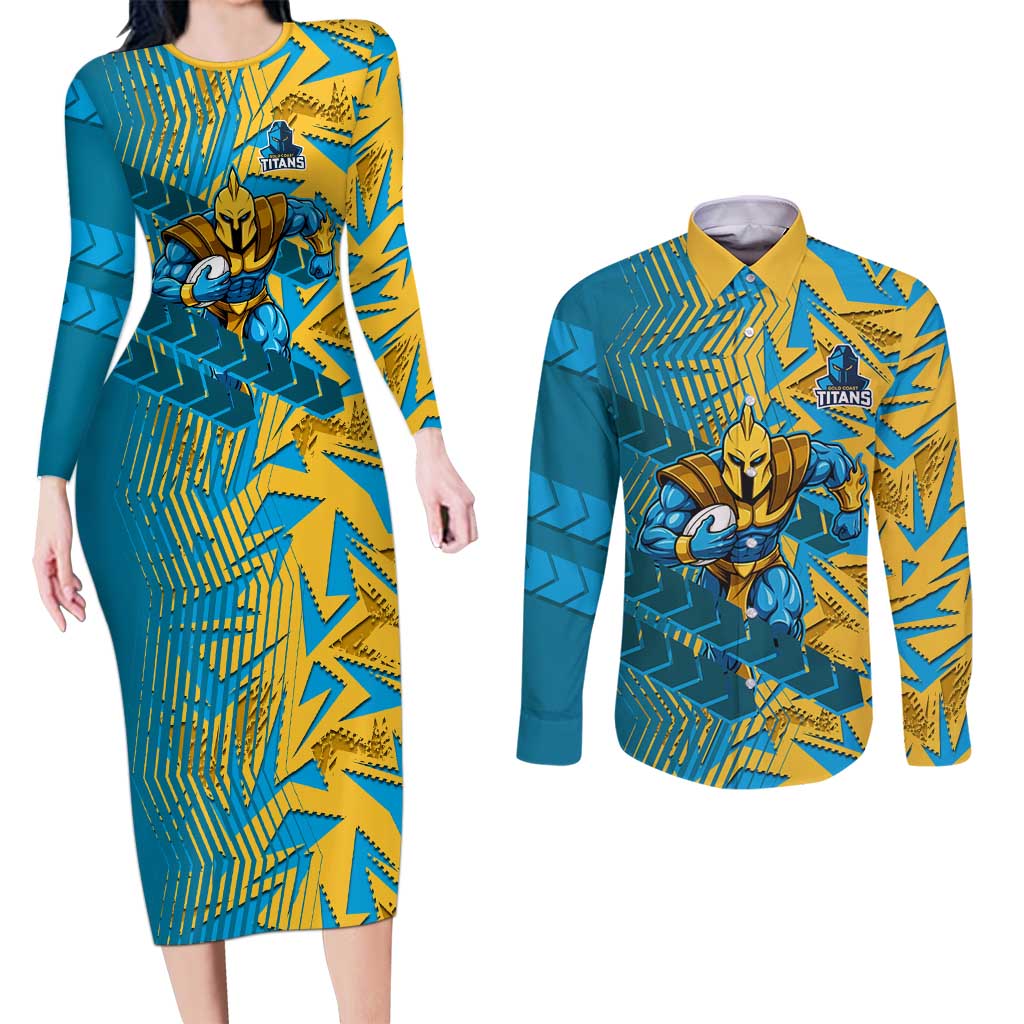 Gold Coast Titans Rugby Couples Matching Long Sleeve Bodycon Dress and Long Sleeve Button Shirt Fierce Mascot Geometric Tribal Art