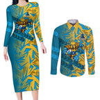 Gold Coast Titans Rugby Couples Matching Long Sleeve Bodycon Dress and Long Sleeve Button Shirt Fierce Mascot Geometric Tribal Art