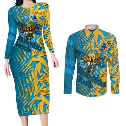 Gold Coast Titans Rugby Couples Matching Long Sleeve Bodycon Dress and Long Sleeve Button Shirt Fierce Mascot Geometric Tribal Art