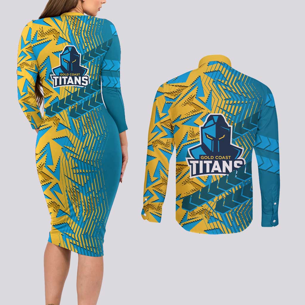 Gold Coast Titans Rugby Couples Matching Long Sleeve Bodycon Dress and Long Sleeve Button Shirt Fierce Mascot Geometric Tribal Art