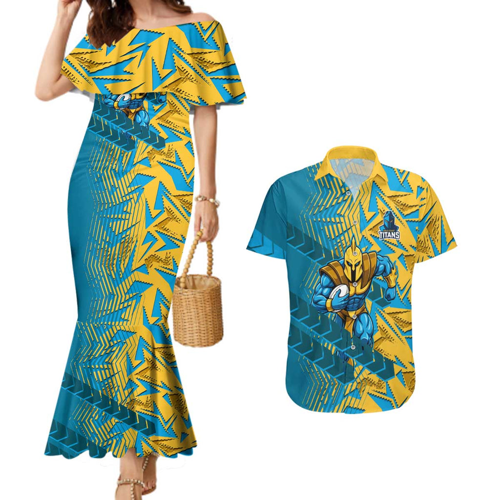 Gold Coast Titans Rugby Couples Matching Mermaid Dress and Hawaiian Shirt Fierce Mascot Geometric Tribal Art
