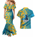 Gold Coast Titans Rugby Couples Matching Mermaid Dress and Hawaiian Shirt Fierce Mascot Geometric Tribal Art