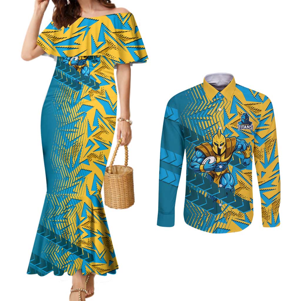 Gold Coast Titans Rugby Couples Matching Mermaid Dress and Long Sleeve Button Shirt Fierce Mascot Geometric Tribal Art
