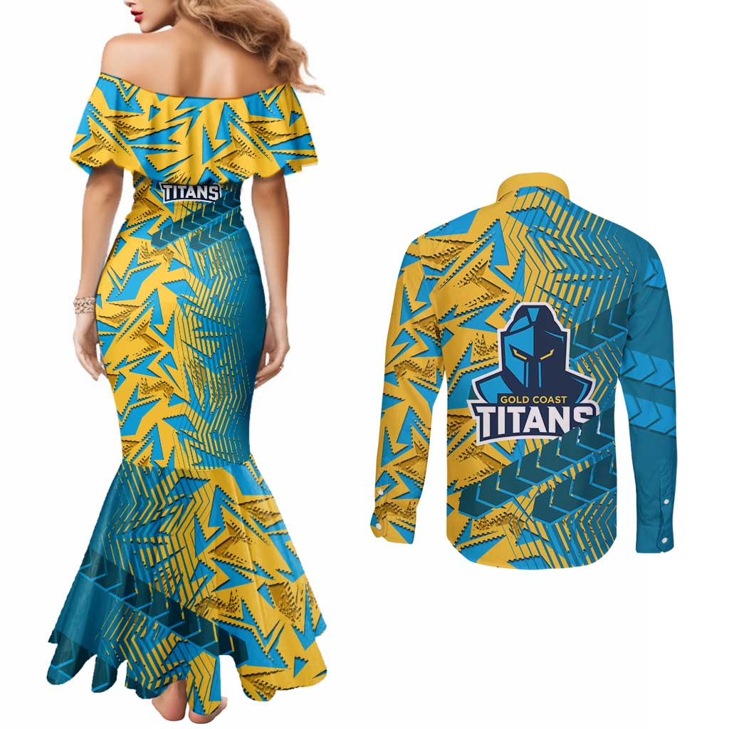 Gold Coast Titans Rugby Couples Matching Mermaid Dress and Long Sleeve Button Shirt Fierce Mascot Geometric Tribal Art