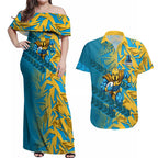 Gold Coast Titans Rugby Couples Matching Off Shoulder Maxi Dress and Hawaiian Shirt Fierce Mascot Geometric Tribal Art