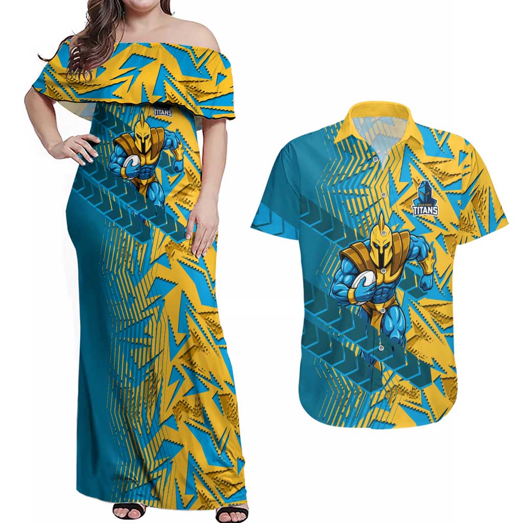 Gold Coast Titans Rugby Couples Matching Off Shoulder Maxi Dress and Hawaiian Shirt Fierce Mascot Geometric Tribal Art