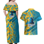 Gold Coast Titans Rugby Couples Matching Off Shoulder Maxi Dress and Hawaiian Shirt Fierce Mascot Geometric Tribal Art
