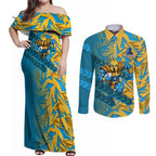Gold Coast Titans Rugby Couples Matching Off Shoulder Maxi Dress and Long Sleeve Button Shirt Fierce Mascot Geometric Tribal Art
