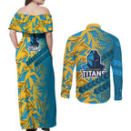 Gold Coast Titans Rugby Couples Matching Off Shoulder Maxi Dress and Long Sleeve Button Shirt Fierce Mascot Geometric Tribal Art