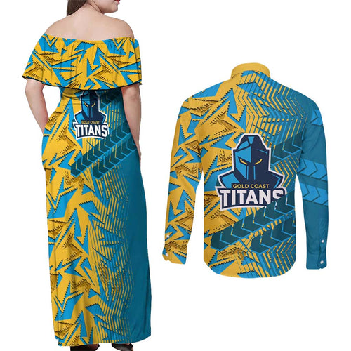 Gold Coast Titans Rugby Couples Matching Off Shoulder Maxi Dress and Long Sleeve Button Shirt Fierce Mascot Geometric Tribal Art