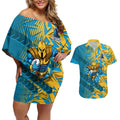 Gold Coast Titans Rugby Couples Matching Off Shoulder Short Dress and Hawaiian Shirt Fierce Mascot Geometric Tribal Art