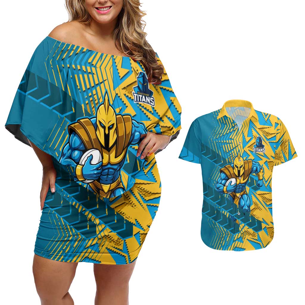 Gold Coast Titans Rugby Couples Matching Off Shoulder Short Dress and Hawaiian Shirt Fierce Mascot Geometric Tribal Art