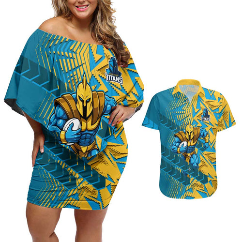 Gold Coast Titans Rugby Couples Matching Off Shoulder Short Dress and Hawaiian Shirt Fierce Mascot Geometric Tribal Art