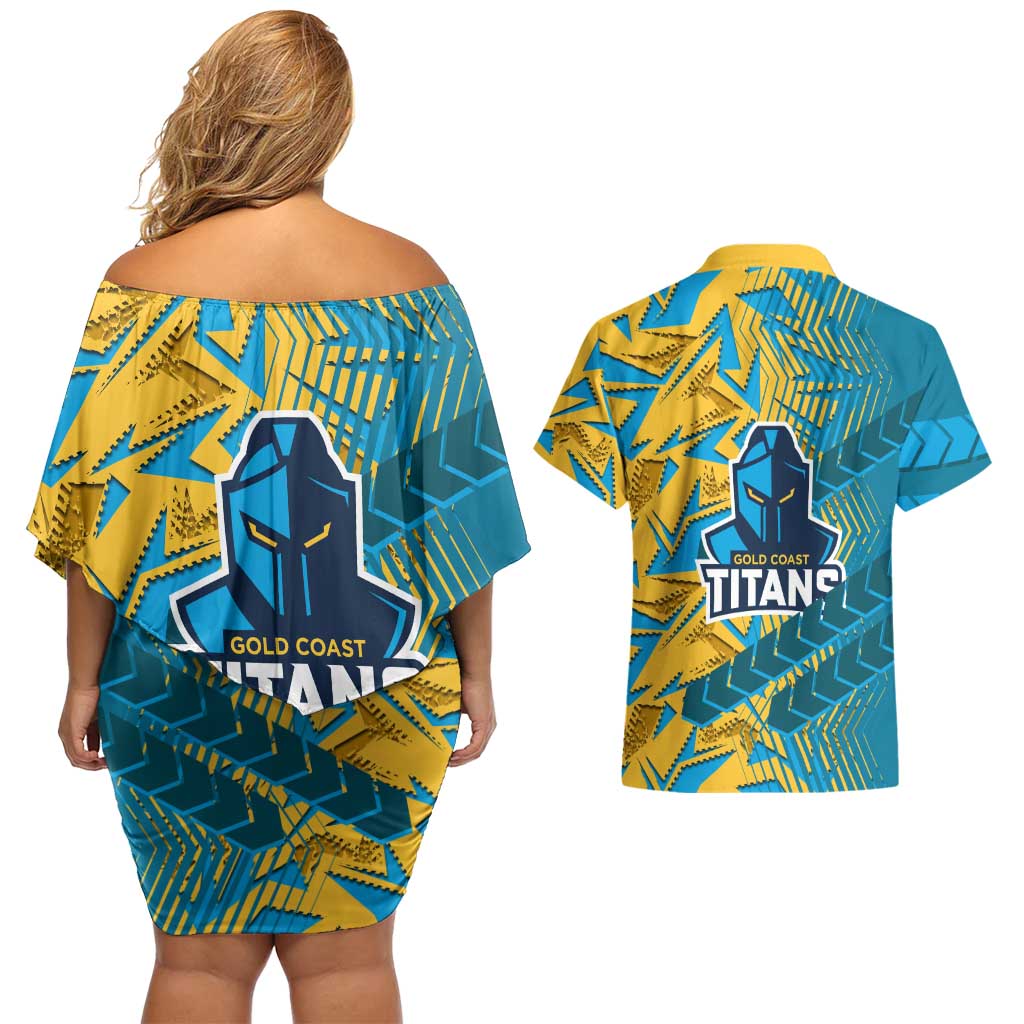 Gold Coast Titans Rugby Couples Matching Off Shoulder Short Dress and Hawaiian Shirt Fierce Mascot Geometric Tribal Art