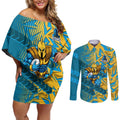 Gold Coast Titans Rugby Couples Matching Off Shoulder Short Dress and Long Sleeve Button Shirt Fierce Mascot Geometric Tribal Art
