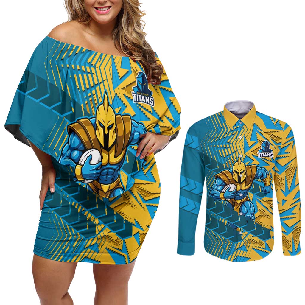 Gold Coast Titans Rugby Couples Matching Off Shoulder Short Dress and Long Sleeve Button Shirt Fierce Mascot Geometric Tribal Art