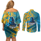 Gold Coast Titans Rugby Couples Matching Off Shoulder Short Dress and Long Sleeve Button Shirt Fierce Mascot Geometric Tribal Art