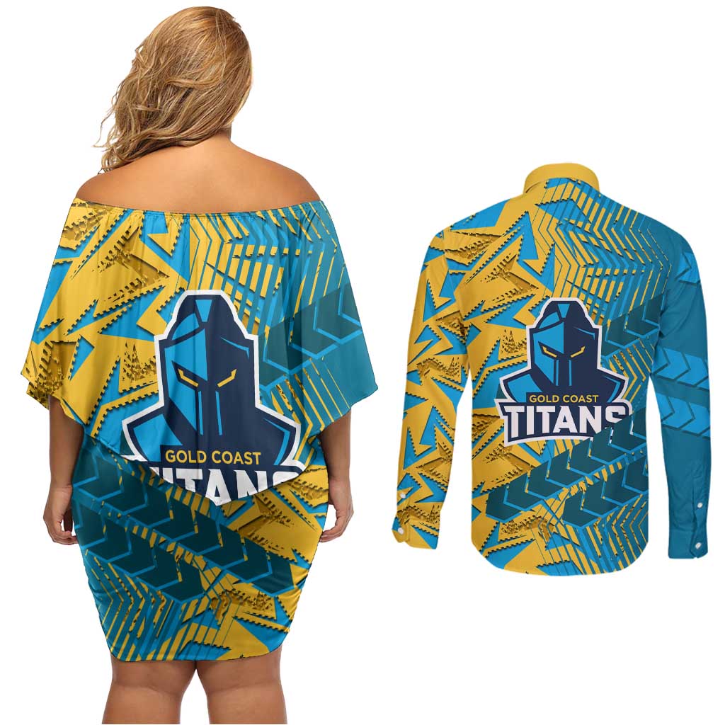Gold Coast Titans Rugby Couples Matching Off Shoulder Short Dress and Long Sleeve Button Shirt Fierce Mascot Geometric Tribal Art