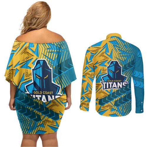 Gold Coast Titans Rugby Couples Matching Off Shoulder Short Dress and Long Sleeve Button Shirt Fierce Mascot Geometric Tribal Art