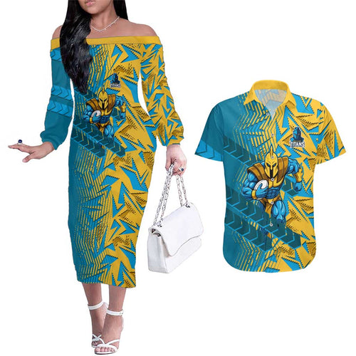 Gold Coast Titans Rugby Couples Matching Off The Shoulder Long Sleeve Dress and Hawaiian Shirt Fierce Mascot Geometric Tribal Art