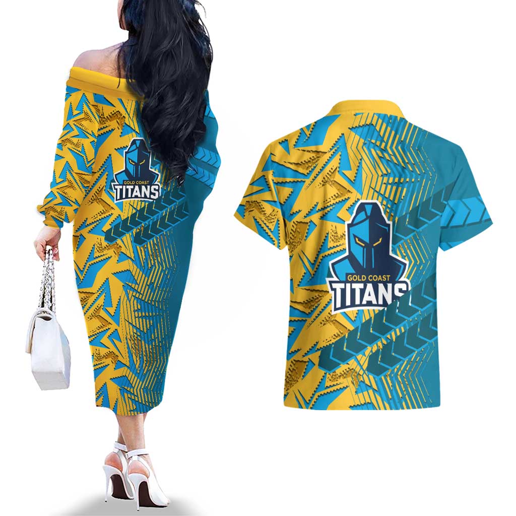 Gold Coast Titans Rugby Couples Matching Off The Shoulder Long Sleeve Dress and Hawaiian Shirt Fierce Mascot Geometric Tribal Art