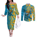 Gold Coast Titans Rugby Couples Matching Off The Shoulder Long Sleeve Dress and Long Sleeve Button Shirt Fierce Mascot Geometric Tribal Art