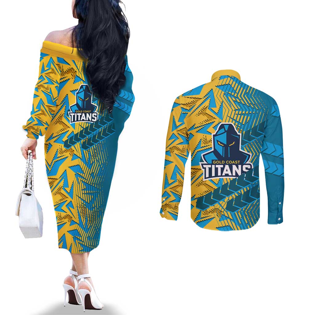 Gold Coast Titans Rugby Couples Matching Off The Shoulder Long Sleeve Dress and Long Sleeve Button Shirt Fierce Mascot Geometric Tribal Art